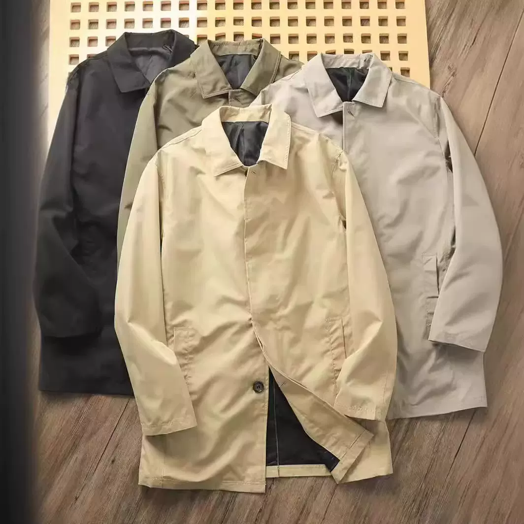 岛国高端品质~春季男士纯色休闲翻领中长款风衣外套青年帅气百搭