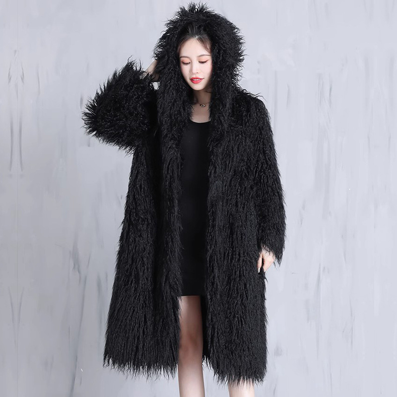 Women's Fur Coat Beach Wool Coat Fluffy Long Hooded Loose Large Size Winter Warm Casual Shawl