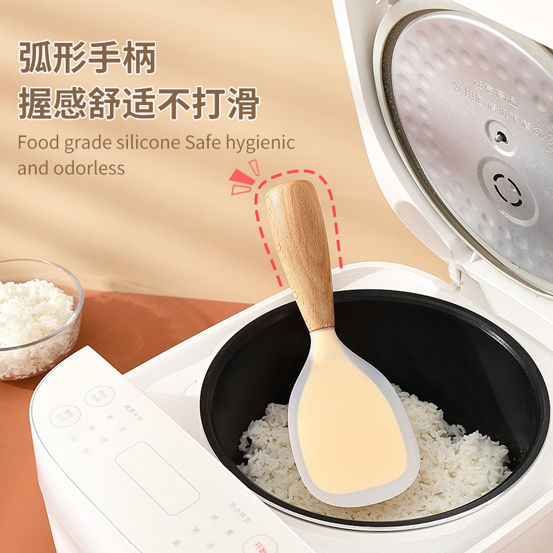 Cuchara de arroz de silicona doméstica, pala de arroz de silicona de grado alimenticio resistente a altas temperaturas, cuchara de arroz vertical no se mancha en stock.