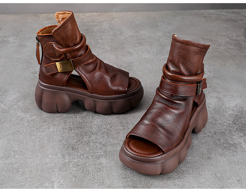 Sandal hở mũi nữ da bò thật phong cách La Mã đế dày — Màu nâu chi tiết 11