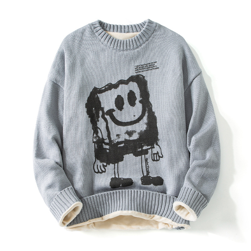 Sweater men's autumn and winter new style American round neck couple's printed loose casual simple versatile plus velvet_voghion.com