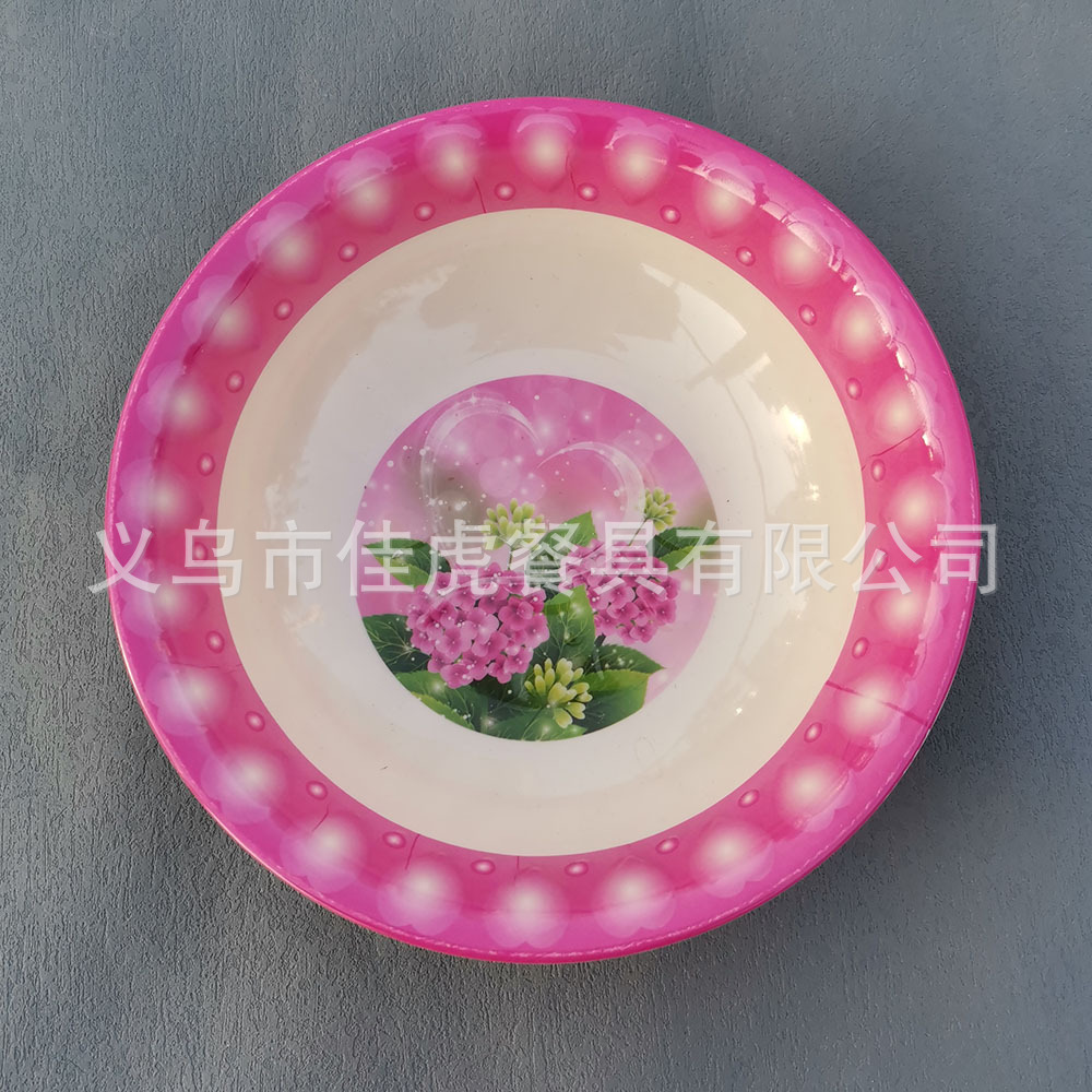 美耐皿仿瓷密胺餐具圆形8寸碗咖啡色贴花印花汤碗心形深碗