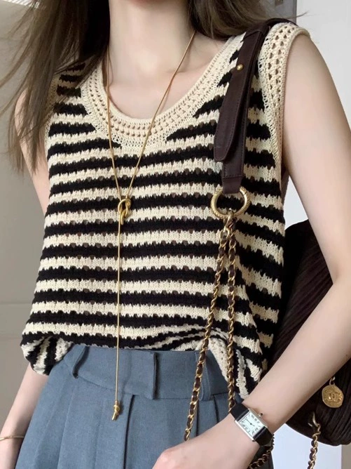 Полосатая вязаная майка, женская летняя верхняя одежда, свободная футболка без рукавов во французском стиле с внутренним вырезом и низом