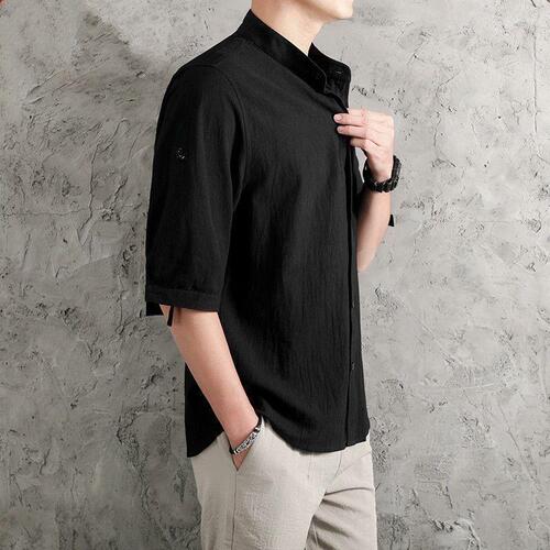 Linen Shirt for Men, Plain Color Men's Shirt, Loose Men's Clothing, Chinese Style Summer Cotton Linen Men's Casual Jacket, Seven-Sleeve Clothing
