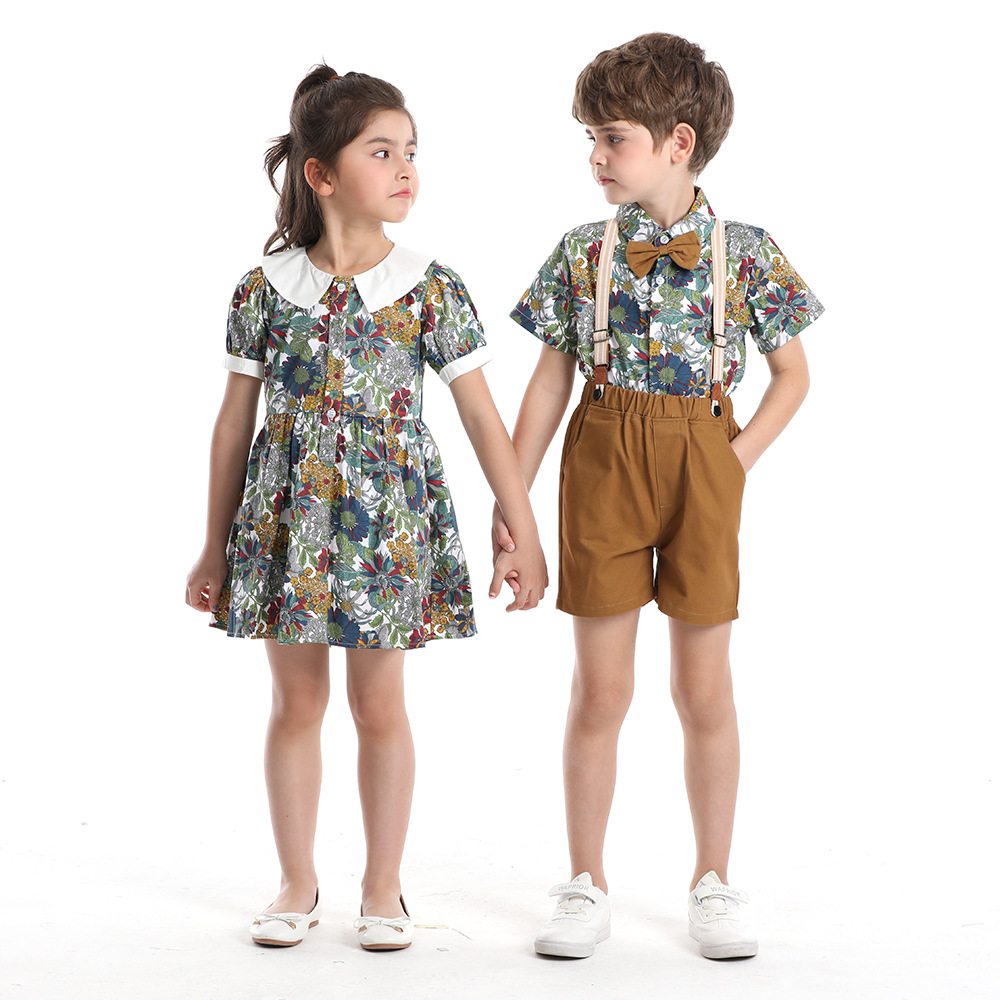 Mother & Kids children's suits boys short-sleeved printed shirt overalls bow tie beach style cross-border children's dress wholesale_voghion.com