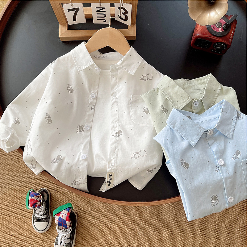 Camisa de manga larga para niños primavera y verano nuevo top estampado de dibujos animados para bebés suelto y salvaje otoño camisa de solapa coreana marea