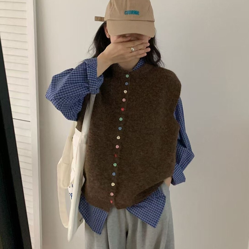 早秋新款复古彩色扣针织马甲女韩系慵懒风无袖毛衣背心叠穿外搭潮|undefined