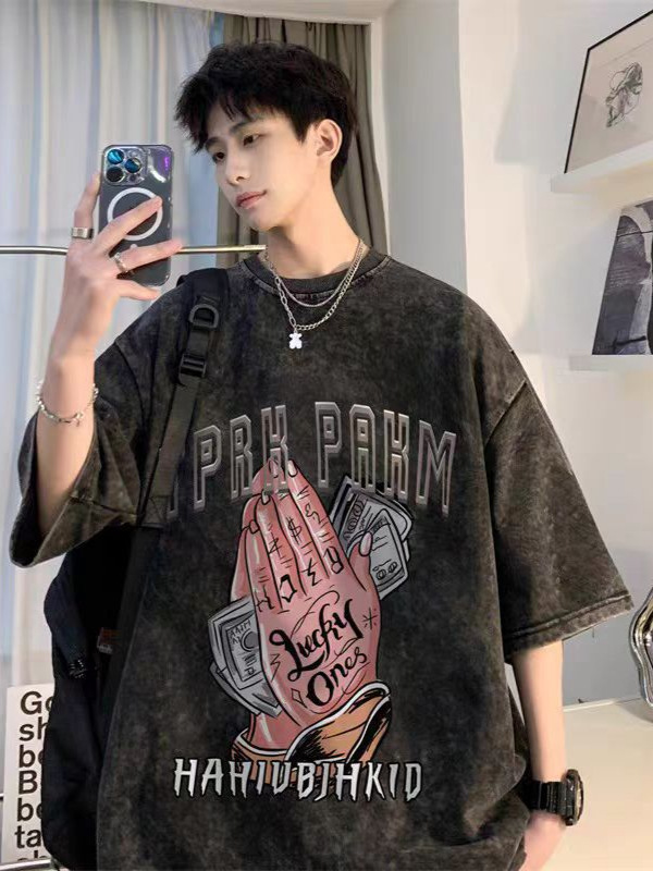 Camiseta de manga corta de algodón puro desgastado lavado retro americano para hombre, camiseta de media manga de marca holgada informal de verano para hombre