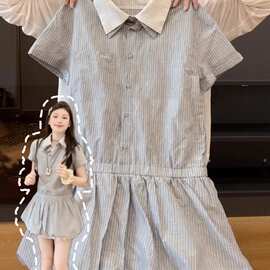 新款系假两件灰色连衣裙子女夏季小个子收腰花苞短裙