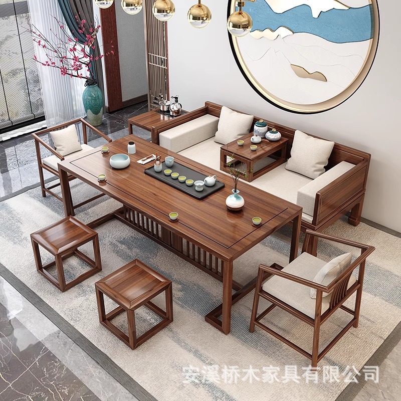 新しい中国風の無垢材のティーテーブルと椅子の組み合わせオフィス受付交渉ティーテーブルホームコーヒーテーブル受付大型ボードティーテーブル|undefined