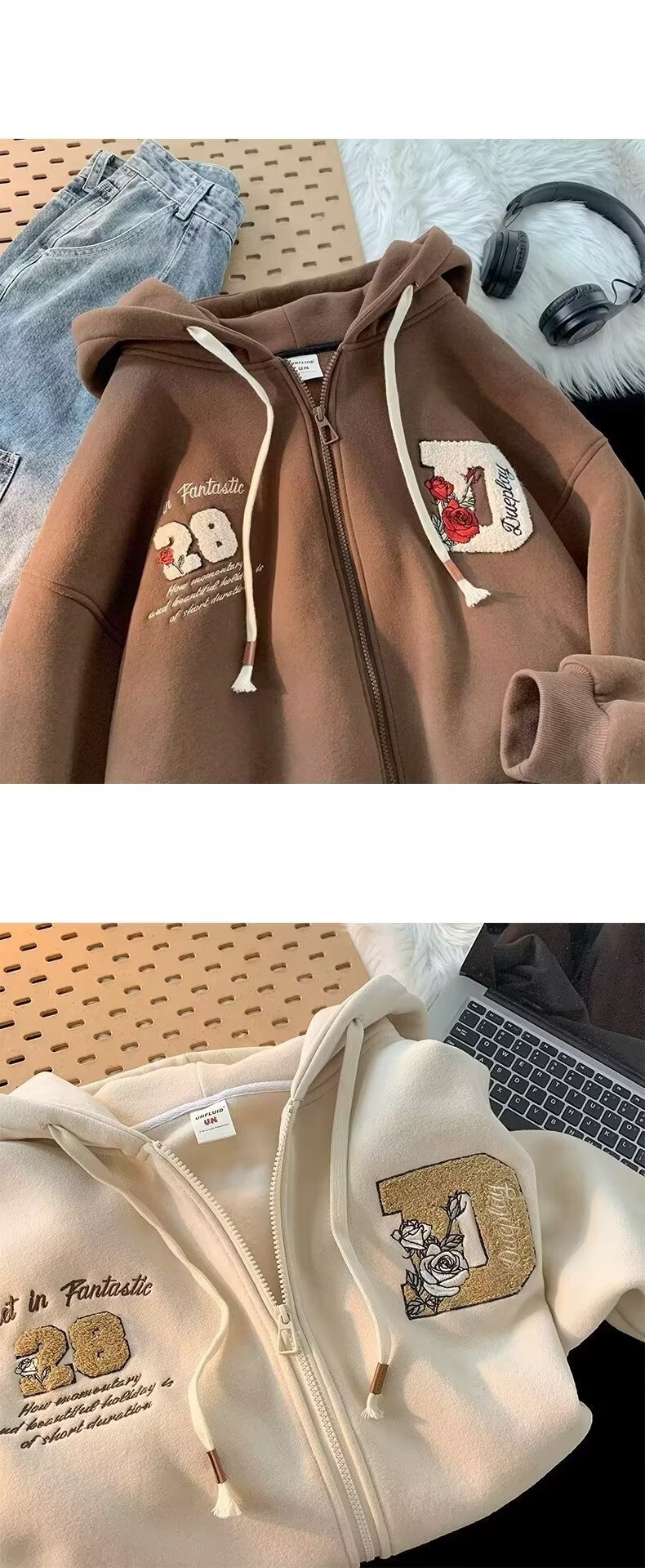 Felpa con cappuccio e cerniera retrò – Felpa unisex oversize con grafica anime (beige/marrone/nero, S-3XL)_voghion.com