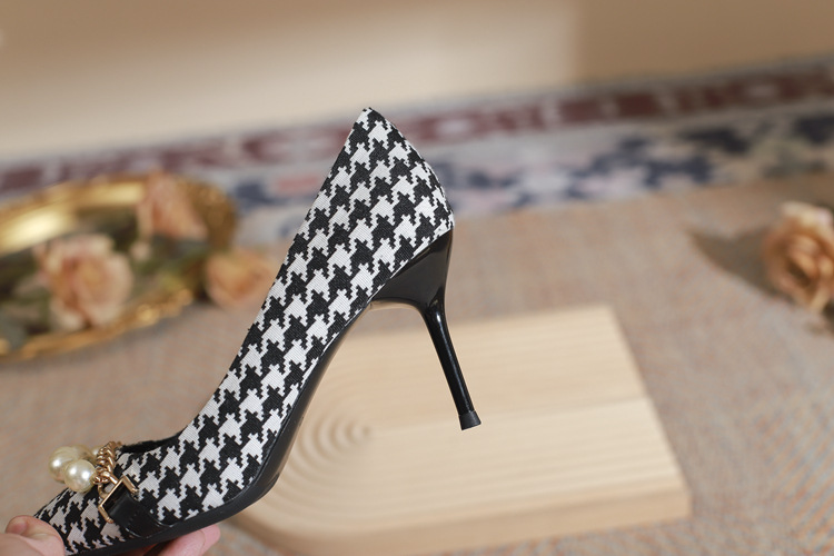 Xiao Xiangfeng High Heels Spring Pointed French Single Shoes Thousand Bird Plaid Temperament Celebrity Fine Heel Bridesmaid Shoes_voghion.com