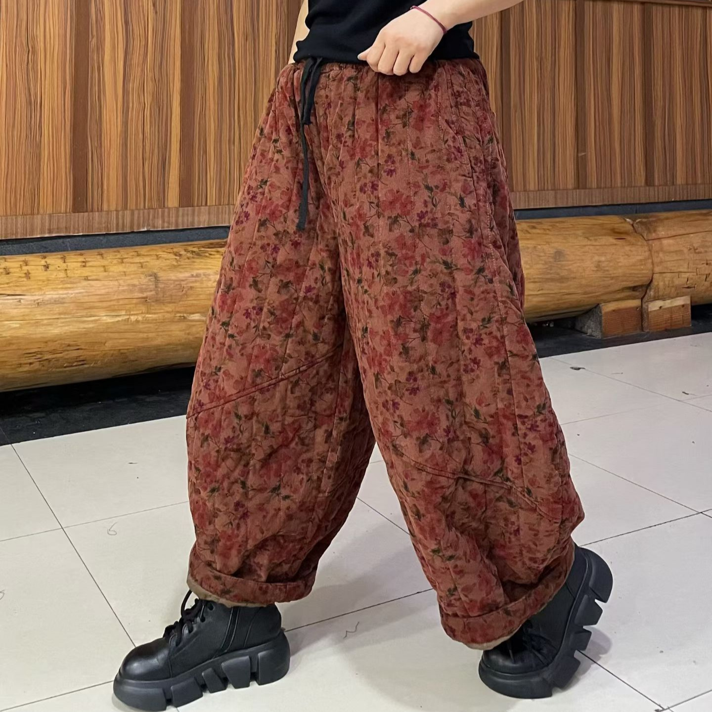 秋冬新款复古风印花系带直筒棉裤 印花宽松版保暖长裤文艺九分裤