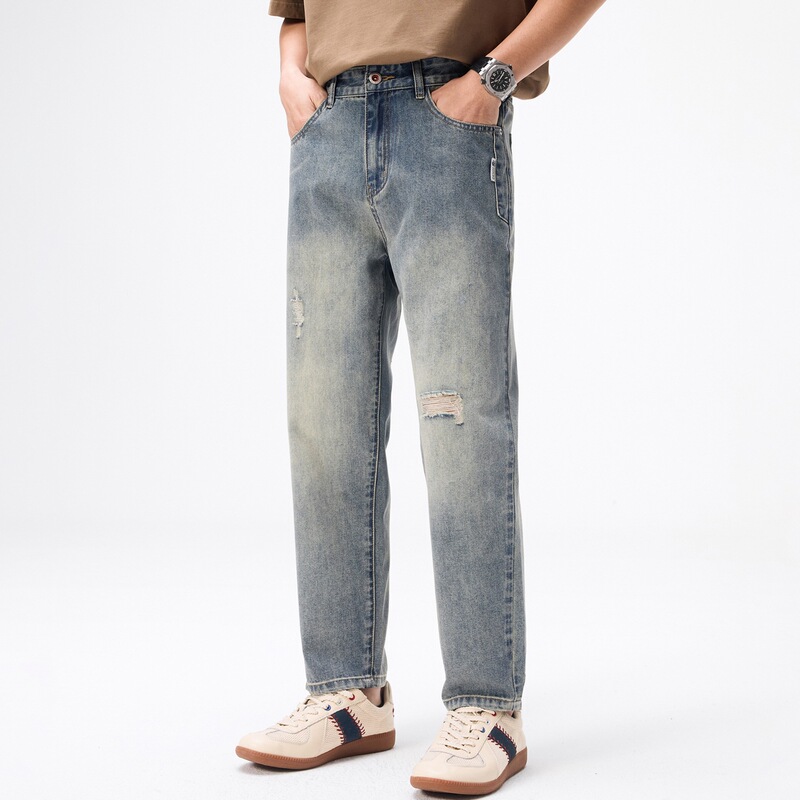 Spring and Summer Ripped Loose Casual Tapered Cropped Thin Jeans for Men, Slim Fit Classic Distressed Pants Wholesale