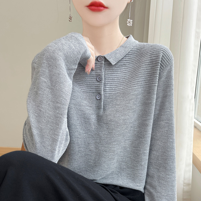 Exquisite POLO Collar Knitted Base Shirt Women's Elegant Loose Long-sleeved 24 Early Autumn New Top with Lassel for Outer Wearing at Shoulder