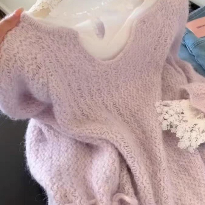 新品V领女设计感毛衣独特别致粉紫色气质减龄小众针织衫样外套