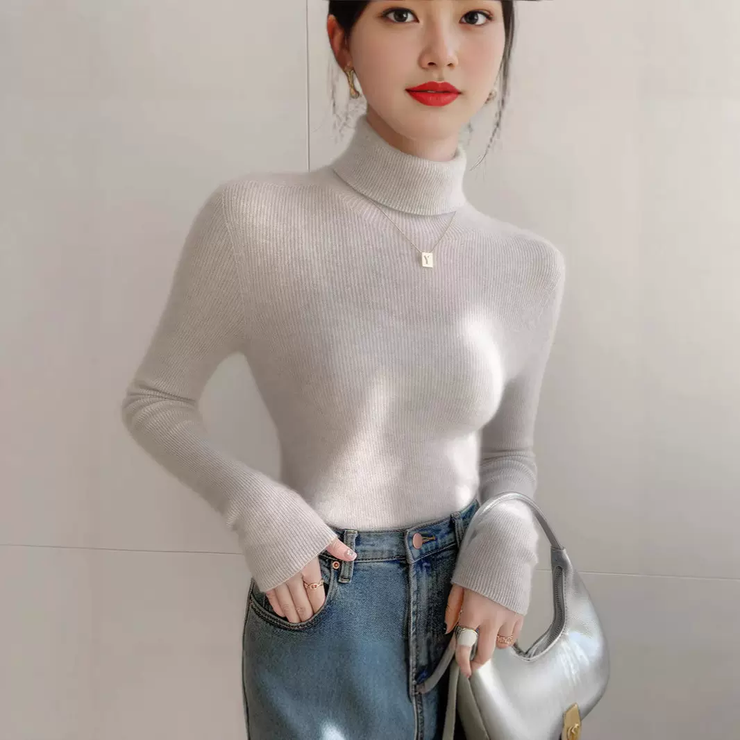 秋冬新款羊绒针织衫高翻领女士套头纯色抽条修身气质通勤打底上衣