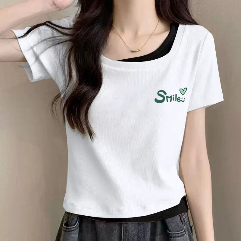 偽ツーピース純綿半袖 Tシャツ女性のための 2025 夏の新しい韓国スタイルスクエアネック右肩プリント不規則な Tシャツ女性のための|undefined