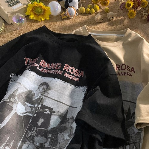 INS Short-Sleeve T-Shirt for Guys, Hong Kong-Style Printed Crewneck Tee—Simple, Versatile, and Trendy Brand-Label 3/4-Length Top