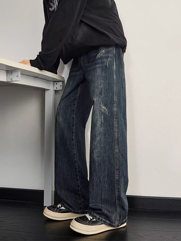 Men's Washed Vintage High Street Jeans Distressed Denim Loose Straight-Leg Fit Streetwear Style Blue S-3XL_mkmklike.com