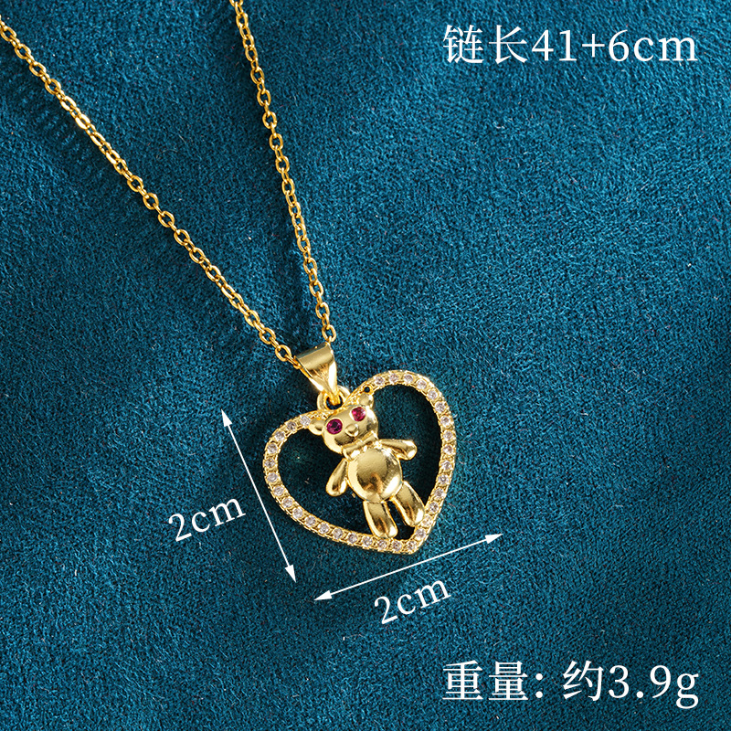 Collar de oro de arena de estilo antiguo Pendientes de oso en forma de corazón con incrustaciones de lujo ligero de moda