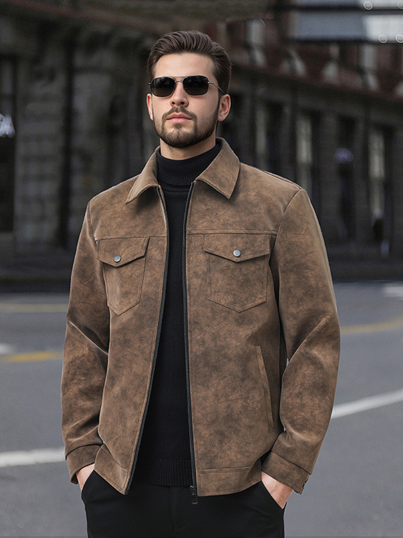 2025 otoño nueva chaqueta de herramienta PU de cuello de gamuz chaqueta de hombre chaqueta de cuello de gamuz chaqueta casual negra chaqueta retro