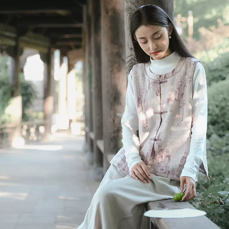 新中式女装2025秋季新款亚麻印花马甲女中国风复古背心外穿上衣