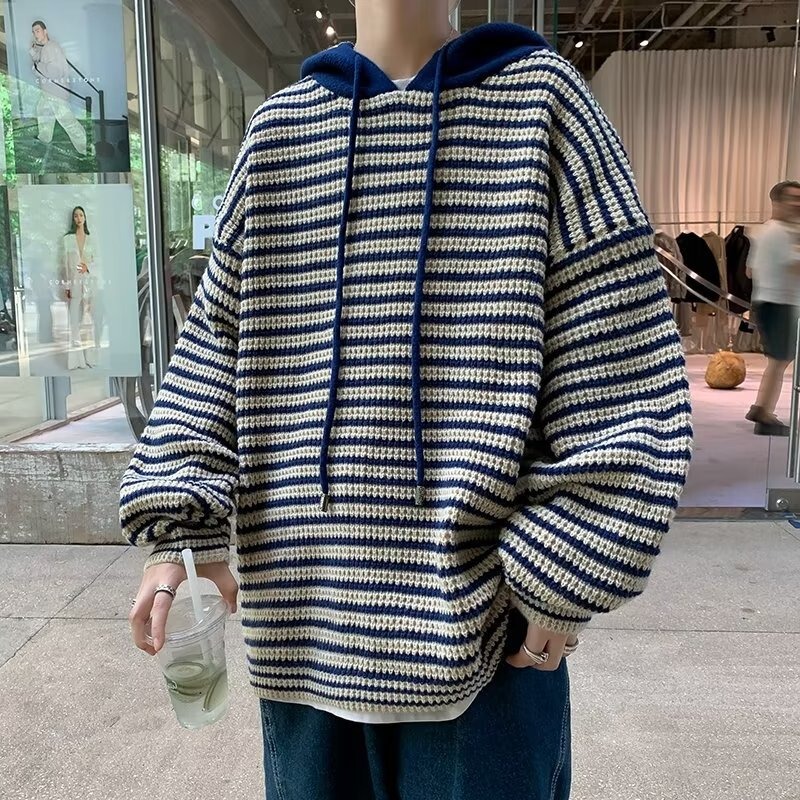 Fake Two-piece Hooded Sweater Sweater Men's Autumn and Winter Loose Lazy Striped Hooded Sweater Thick Wool Coat