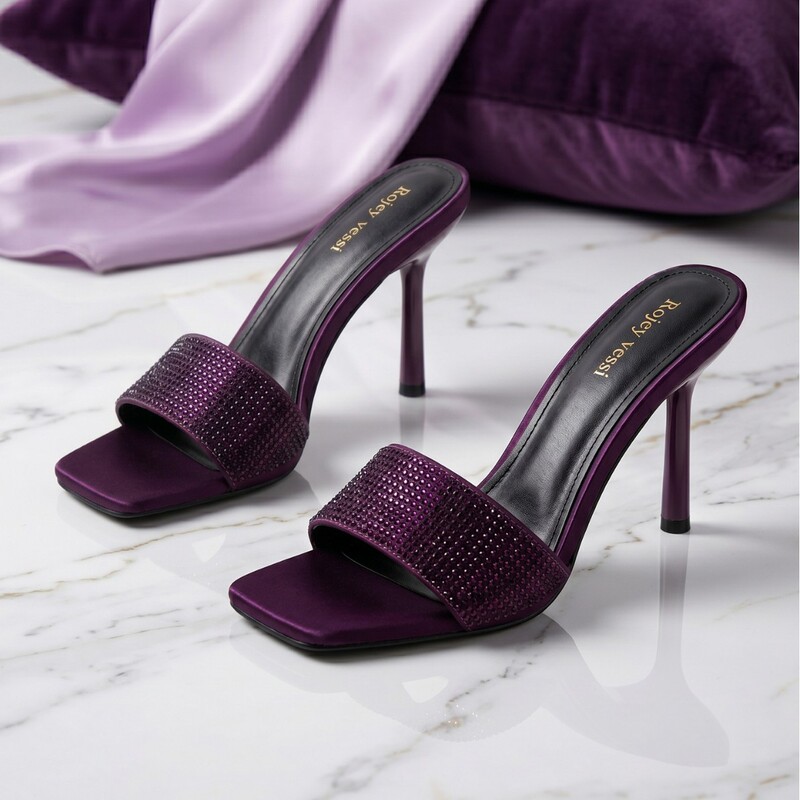 Evening Date, French Elegance, Versatile and Luxurious Rhinestone Square-Toe Open-Toe Stiletto High-Heeled Slippers for Women