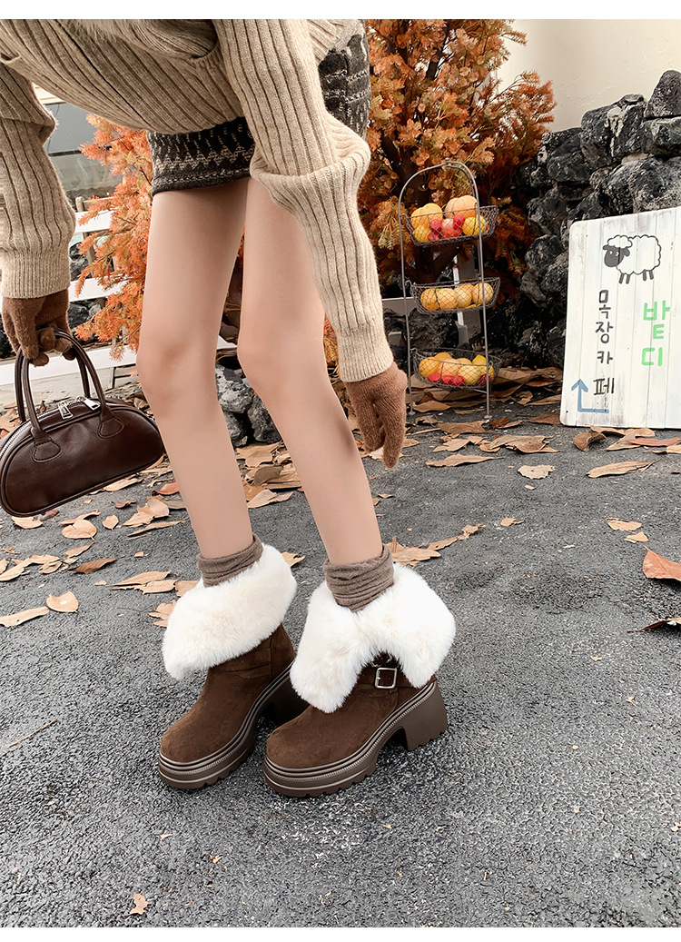 Boot nữ denim đế dày cổ trung lót lông giữ ấm, hai kiểu phối — màu nâu chi tiết 16