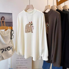 欧洲站大码200斤磨毛开叉中长款长袖打底衫女早秋叠穿T恤上衣胖mm