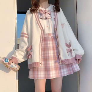 [Four-Piece Suit] Autumn and Winter Jk Uniform Preppy Style Bow Knitted Cardigan Sweater + Shirt Pleated Skirt