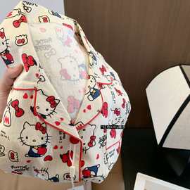 红色HelloKitty猫短袖长裤套装女家居服卡通kt翻领睡衣两件套夏季