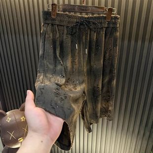 Trendy Ins Stylish Ripped Jacquard Sports Straight Shorts Men's Summer Breathable Thin Casual Knee-Length Shorts Trendy