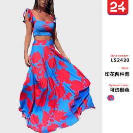 2025新款 亚马逊欧美外贸跨境女装时尚印花露肩数码印花连衣裙女