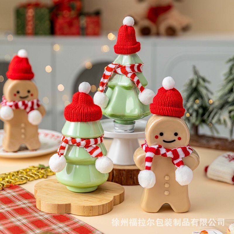 Christmas Gingerbread Man Milk Tea Cup Christmas Tree Snowman Juice Drink Bottle Cartoon Scarf Hat Plastic Bottle with Lid
