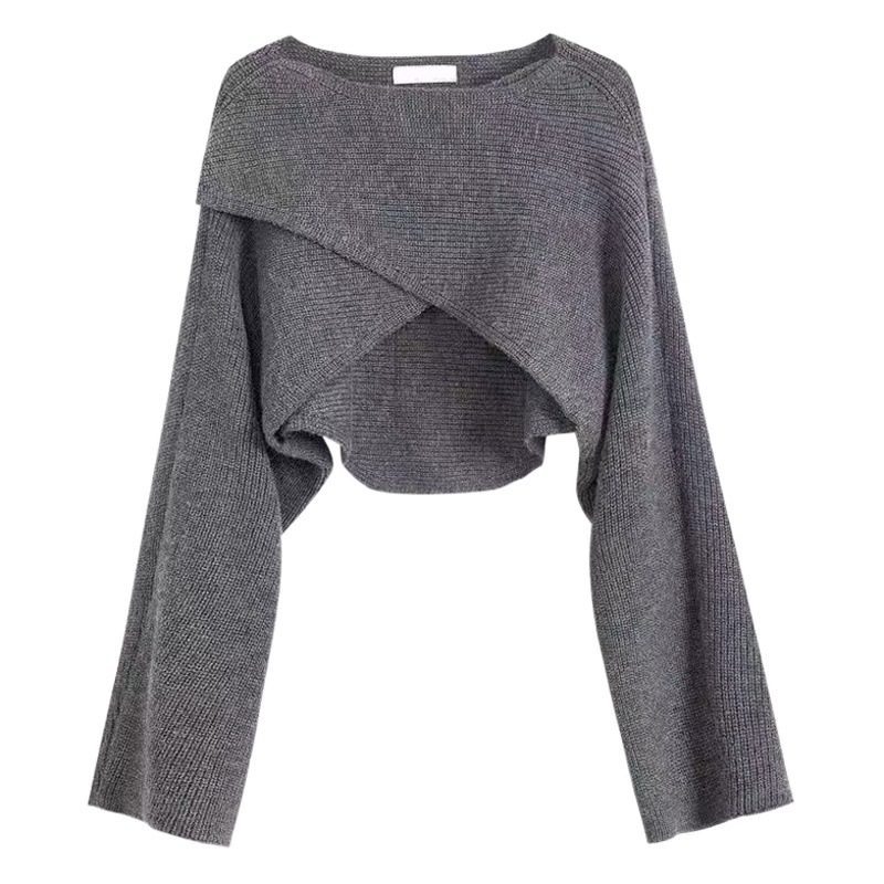 Cruz suéter más tamaño ropa de mujer grasa irregular corto suéter de punto otoño diseño sentido nicho ombligo Cruz larga