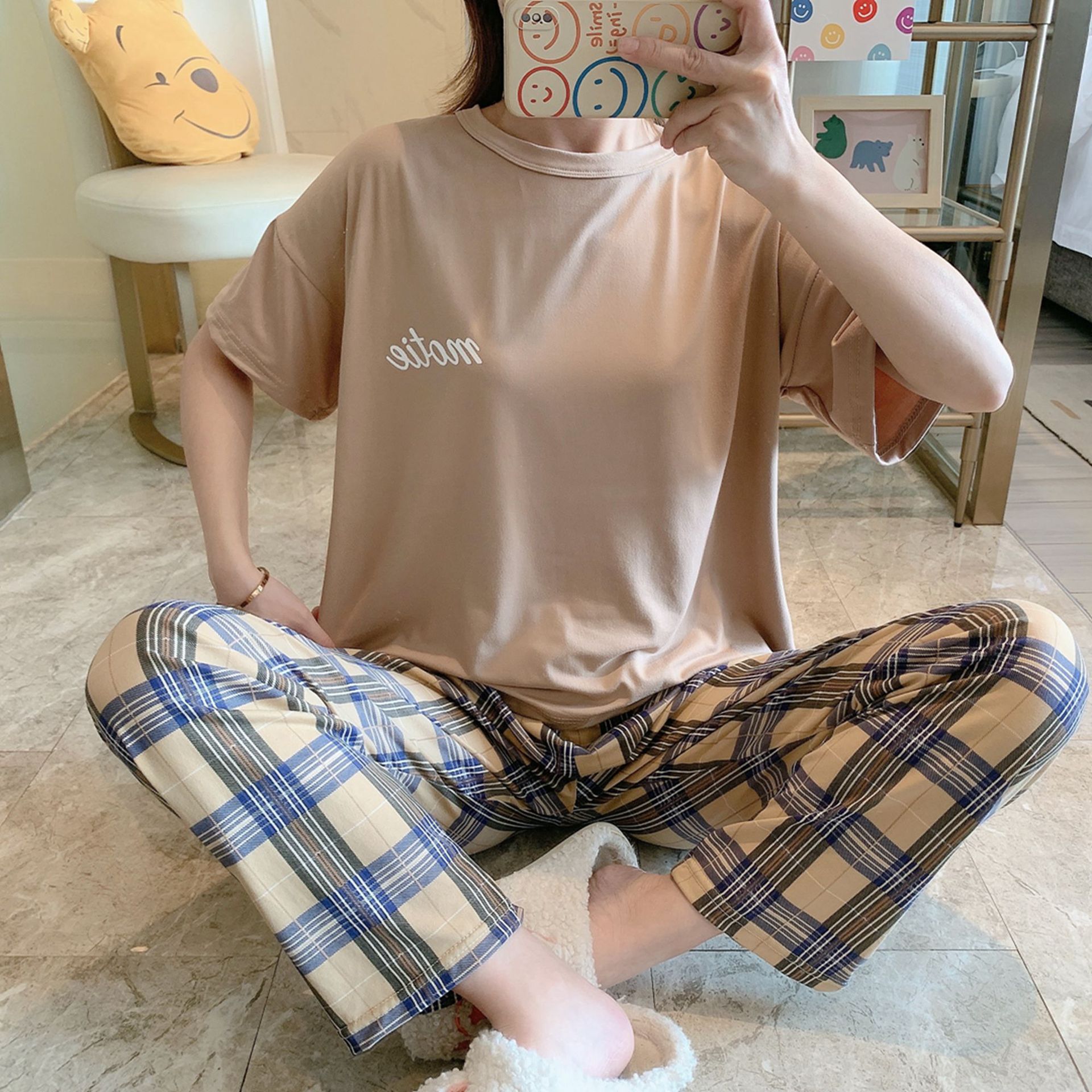 Hot sale格格套装春秋睡衣女短袖长裤休闲简约韩版家居服套装直播