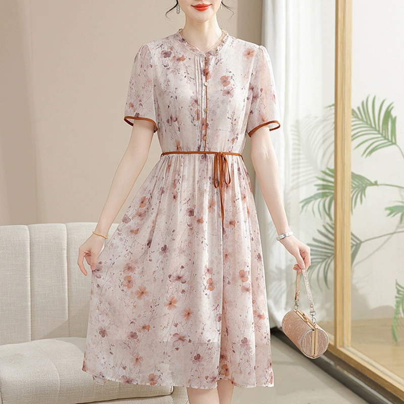 Летнее платье для женщин среднего и пожилого возраста, с короткими рукавами и v-образным вырезом, платье для матери среднего возраста, шифоновая юбка средней длины, утягивающая талию