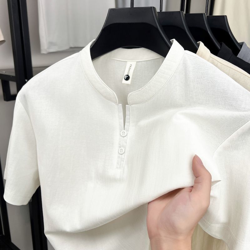 夏の小さなスタンドカラーファッショナブルでシンプルなメンズ半袖Tシャツデザインカジュアルで多用途なカラーナショナルトレンド半袖トップ|undefined