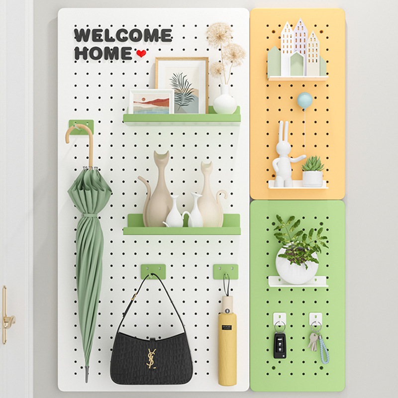 Metal Pegboard Wall-Mounted Storage Rack with Hooks, No-Drill Installation for Entryway, Desk, Wall Partition, and Storage