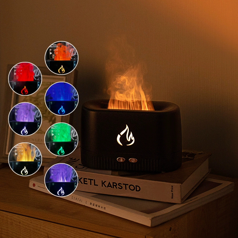 Ultrasonic Aroma Diffuser Humidifier, Simulated Flame LED Desktop Diffuser, White/Black, Colorful Flame
