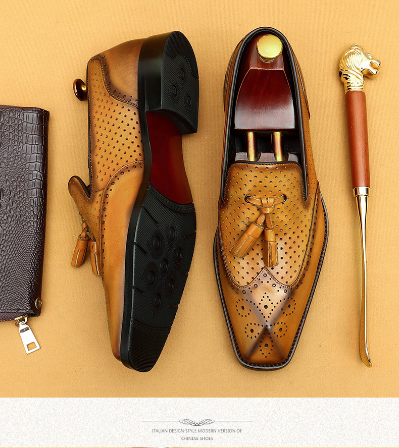 Casual summer leather shoes men's hollow breathable leather business dress shoes_vogvips.com