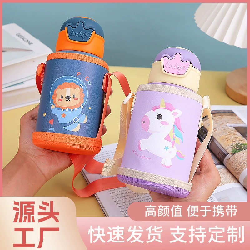 Изолированная чашка из нержавеющей стали 304 для детей, детская чашка для воды с рисунками, стильная чашка с крышкой-поп-топом и ремешком, портативная чашка с соломинкой, защищающая от падений.