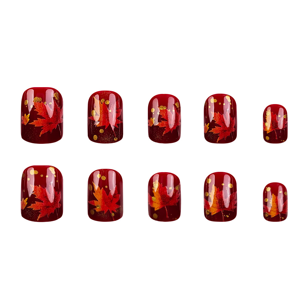 Comercio extranjero venta más alta de hojas de arce rojo oscuro vestir uñas de estilo europeo y americano brillante cara uña falsa 24 piezas de manicure de otoño y invierno image 5