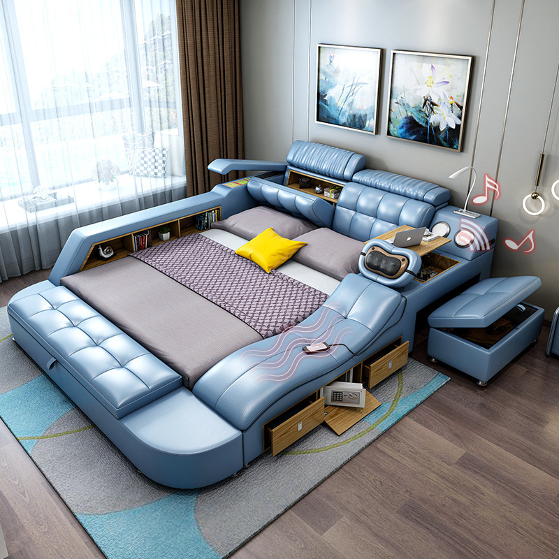 Suministro directo de fábrica cama doble de cuero multifuncional moderno simple tatami masaje eléctrico suave cama de boda de 1,8 m
