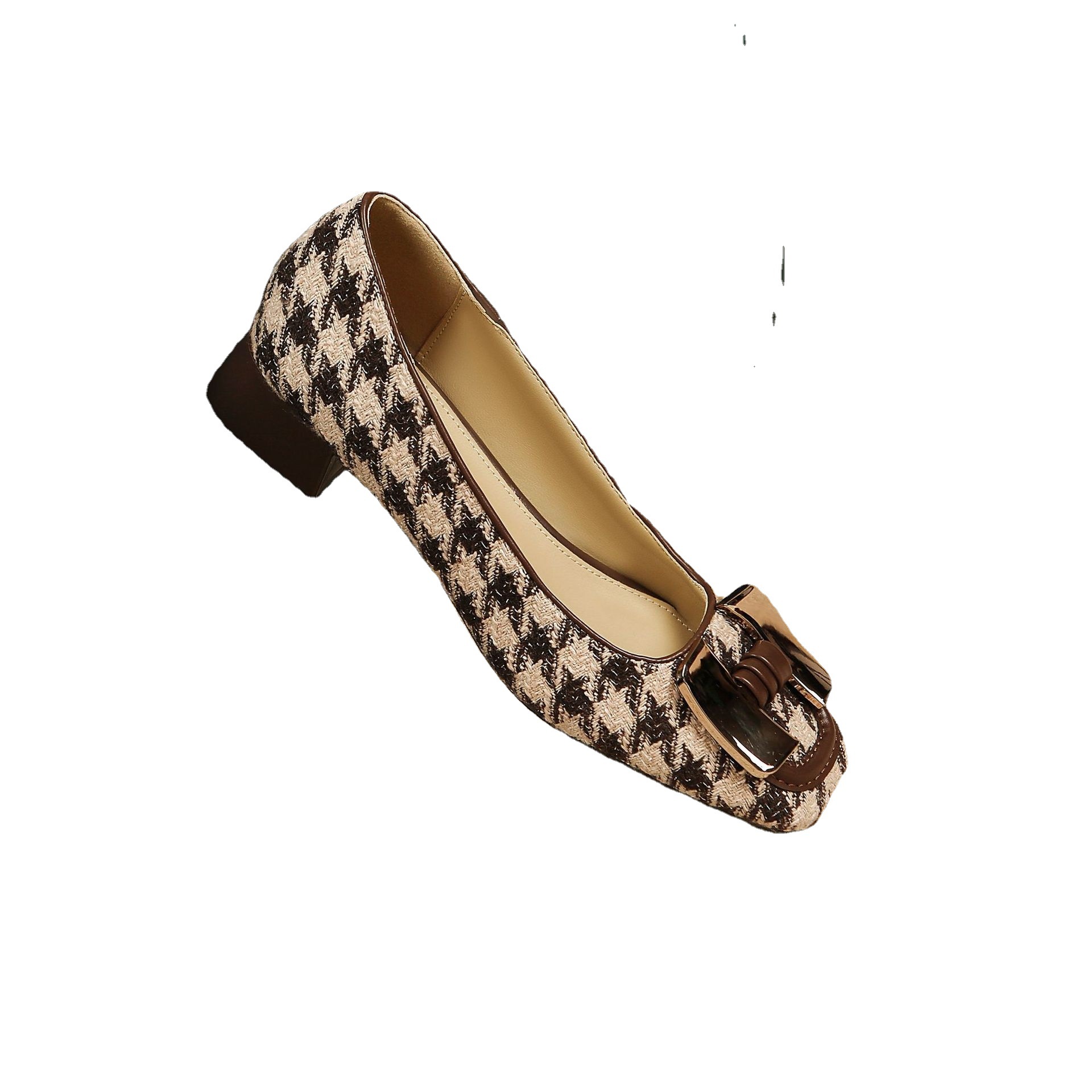 Spot metallspänne fritidsskor kvinnor 2023 sommar ny ytlig mun tjock klack houndstooth damskor låg topp höga klackar_voghion.com