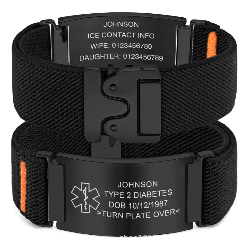 Engraved Emergency Medical Bracelet with Metal Tactical Quick-Release Buckle, Elastic Woven Strap Bracelet, Parachute Buckle, Curved Tag Bracelet Engraved Emergency Medical Bracelet with Metal Tactical Quick-Release Buckle, Elastic Woven Strap Bracelet, Parachute Buckle, Curved Tag Bracelet