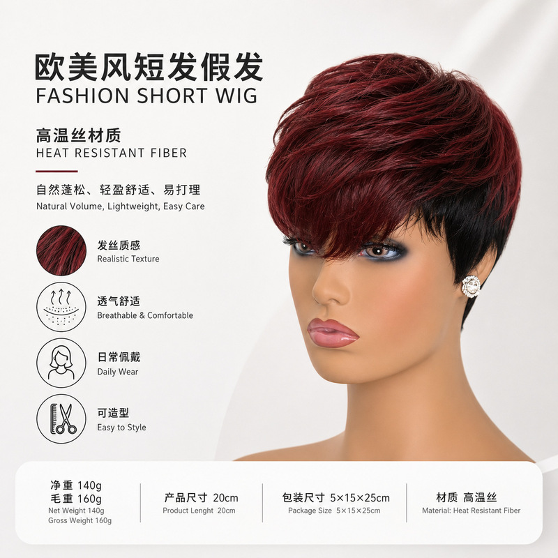 European and American Style Women's Wig with Side Bangs, Short Hair, Brown-Black Gradient, Burgundy Two-Tone Wig, High-Temperature Fiber Wig Set
