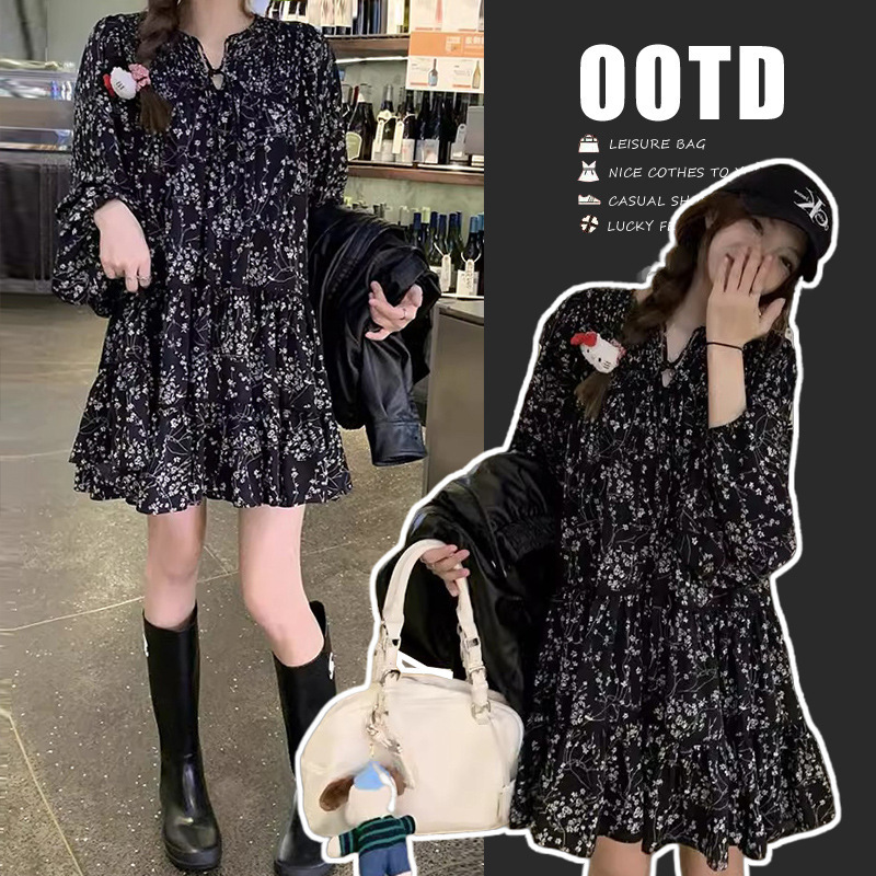 Maternity Wear New Style Tea Break French Style Black Long-Sleeved Floral Dress Women's High-End Short Skirt Maternity Wear New Style Tea Break French Style Black Long-Sleeved Floral Dress Women's High-End Short Skirt